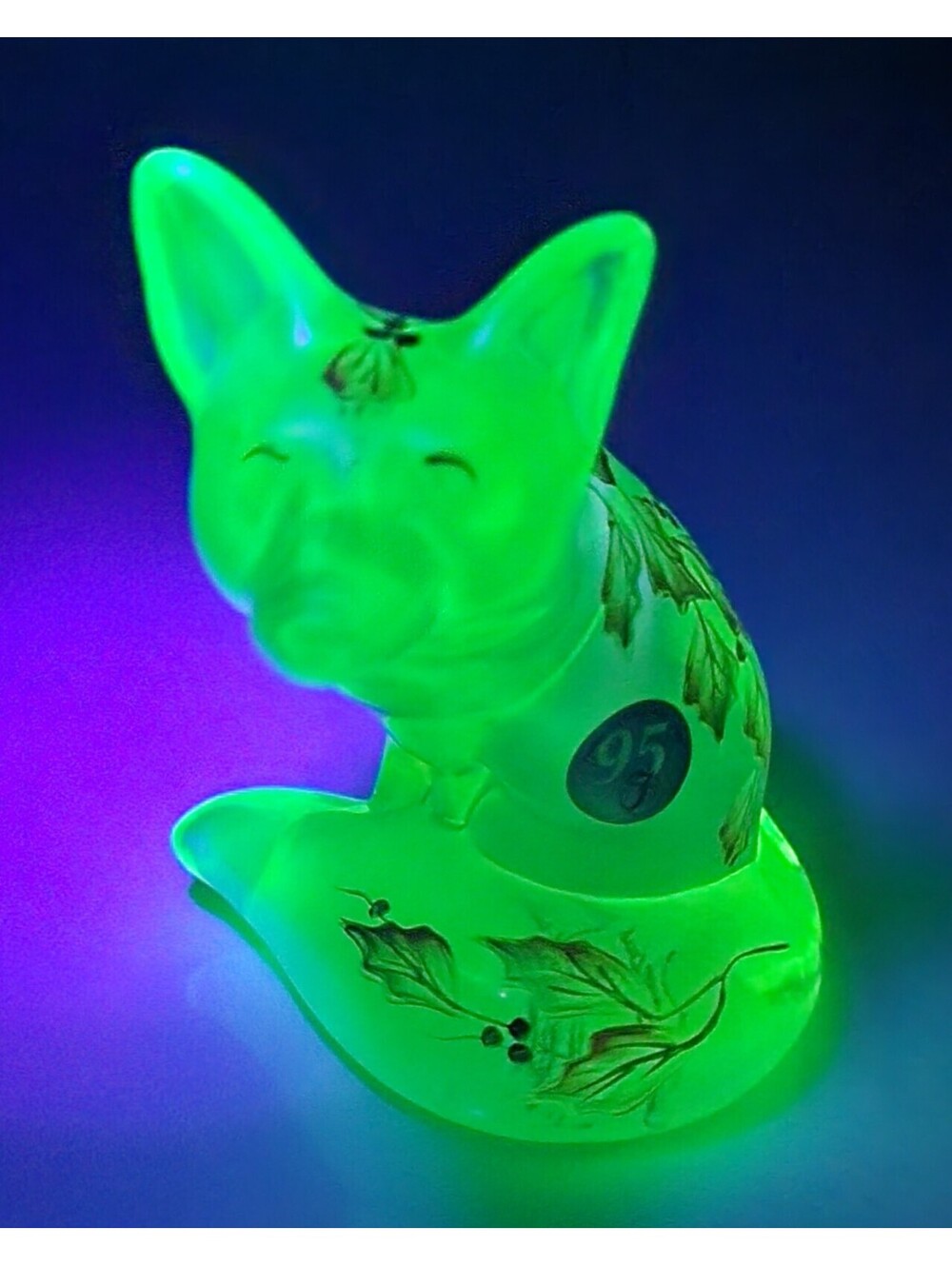 4.5” Fenton Art Glass Hand Painted Uranium Glowing Fox with Leaves Signed